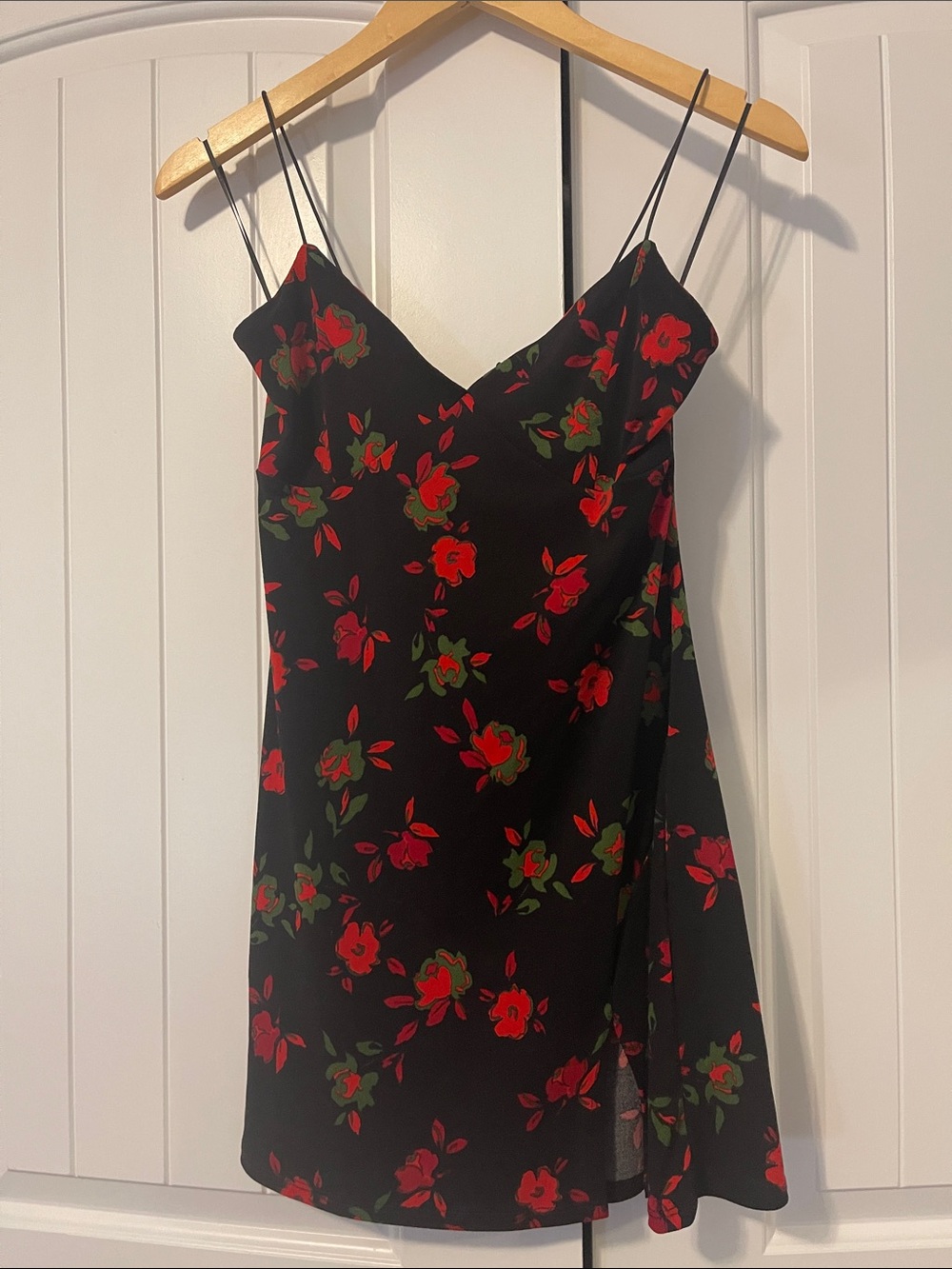 Black Floral Slip Dress with Red & Green Print